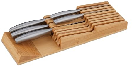 Relaxdays Organizador Cajón 9 Cuchillos de Cocina, Bloque Posacuchillos Horizontal, 5,5 x 13 x 40 cm, Bambú, Natural