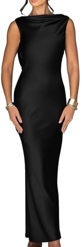 Memoriesea Women's Satin Elegant Sleeveless High Neck Tie Cocktail Party Maxi Dress Black