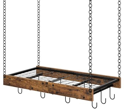 CHOEZON Küchenregal hängend, 61 cm, Küchenregal hängend, Topfregal, Aufbewahrungsregal, rustikale Note, Deckenregal mit 12 Haken, für Kochgeschirr, platzsparend, rustikalbraun-schwarz DTPR01BF