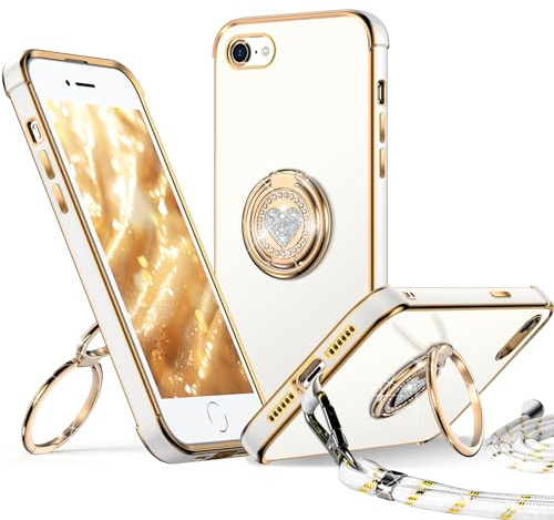 XYZ für iPhone 7/8/SE 2022/SE 2020 Hülle mit Band, Weiß | Herzen Doppelring Ständer HandyHülle, Frauen Mädchen Dünn Stoßfeste Case mit Handykette, Anti Kratzt SchutzHülle