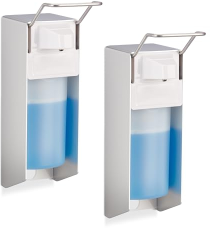 Relaxdays Desinfektionsspender, 2er Set, 500 ml, Eurospender für Desinfektionsmittel & Seife, Wandmontage, silber/weiß
