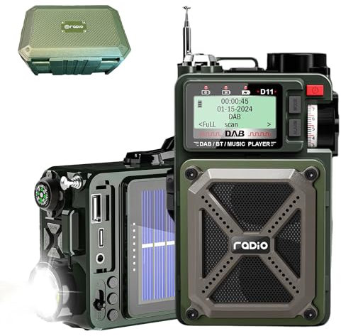 Radio a carica solare, portatile di emergenza, radio FM DAB con Bluetooth 5.3, torcia a LED, manovella, batteria ricaricabile, SOS, scheda USB/SD, jack da 3,5 mm, rumore bianco per campeggio