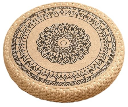 Japanisches Bodenkissen, handgewebte Sitzmatte, Meditations-Yoga-Kissen, umweltfreundliche Jute-Baumwolle, Boho-Rund-Design, Entspannungsdekoration, 39 cm, Weiß, Schwarz, 1 Stück