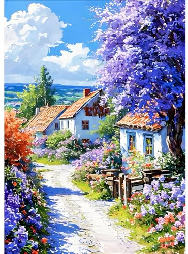 DPHERO DIY Landleben Diamant Painting Kits Bilder für Erwachsene Anfänger,5D Weg Diamond Painting Set,DIY Runde Steine Blumen Diamant Kunst Kits, Landschaft Diamond Art für Zuhause Dekor 30x40 cm