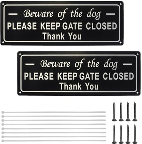 2 Pack Beware of the Dog Sign, Please Close the Gate Signs, Aluminium | Pre-Drilled, Self-Adhesive, Dog Warning Signs, Rustproof Fade-Resistant Warning Sticker, for Outdoor Gate Wall Fences