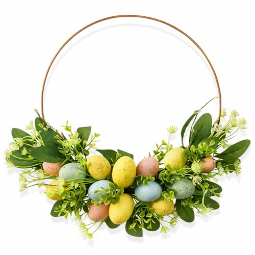 GOVIRAYE 45CM Easter Wreath for Front Door, Artificial Eucalyptus Wreath with Easter Eggs, Door Wreath Decoration for Farmhouse, Wedding, Home, Window, Wall, Fireplace Indoor/Outdoor