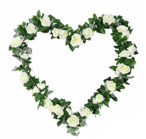 Lote de 2 Guirlandas de Rosas Artificiales de Seda | Enredaderas Artificiales con Rosas y Hojas de Eucalipto | Para Decoración de Bodas, Pared, Mesa, Arco y Hogar | Reutilizable 16 Flores en Blanco