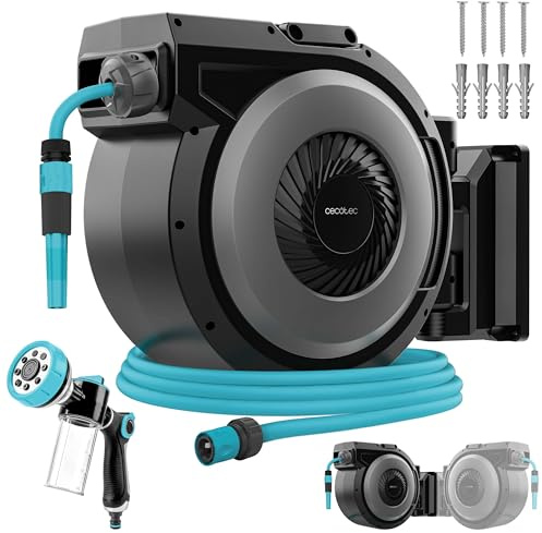 Cecotec Avvolgitubo da Giardino 30m HydroShell 300 Pro. Automatico SlowReturn e Smooth, Tubo 3 Strati, Spazzole, Pistola 8 Funzioni con Serbatoio, Innaffia Perfettamente Ogni Angolo del Tuo Giardino