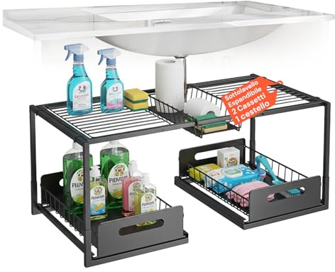 Avilia Organizer Sottolavello Cucina Espandibile 65-73 cm con 2 Cassetti | Carrello sottolavello cucina in acciaio con cassetti estraibili, organizzatore sottolavello per bagno e lavanderia