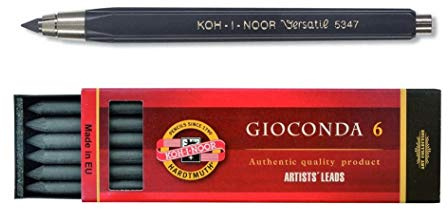 KOH-I-Noor 5347 Fallbleistift/Druckbleistift, Plastik schwarz, Metallbeschläge, ohne Spitzer + Fallminen 6B 5.6 mm 6 Stück