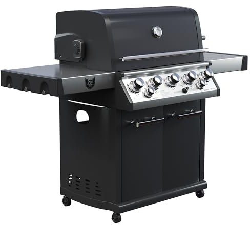 BBQ CHIEF Helios Gasgrill - 5 Brenner Edelstahl, 17,5 kW, Seitenbrenner, 3,5 kW, Infrarot Backburner, Gussrost, Warmhalterrost, Deckel, Thermometer - Grill, Grillwagen, Grillstation, Camping, Outdoor