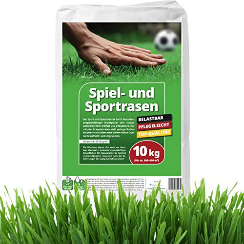 10 kg Rasensamen Sport und Spiel | schnellkeimend |reicht für 400m² Rasen | robust|tiefgrün | ideal für Neuansaat, Nachsaat, Rasensaat Grassamen | trockenresistent | dürreresistent - Made in Germany