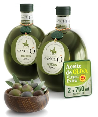 Aceite de oliva virgen extra arbequina pack 2 x 750 ml botella de plástico | aove gourmet aromático extraído en frío | aceite premium español cocina diaria | sancho la mancha, dop campo de montiel. | AOVE español 100% monovarietal origen único ideal para ensaladas tostadas pescado cocina diaria, sabor equilibrado gourmet