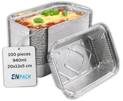 Enpack Aluschale R45-911L - 100 Stück Aluschalen mit Deckel 20x13x5 cm - Menüschale - 940 ml Füllmenge - Form für Lebensmittel - Grillschalen - Einwegverpackungen - Einmalbehälter für Pasta/Nudeln