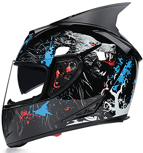 Cat Ears Integralhelm Helm Motorradhelm Motorradintegralhelm mit integrierter Sonnenblende und klappbarem Visier Herren Damen Adult Motorrad Helm,Blau,M 55~57cm