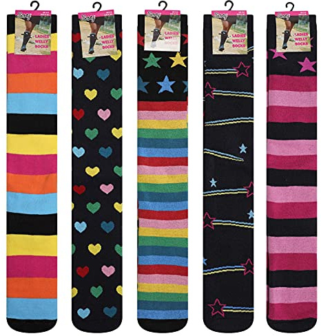Soxy Ladies Design Wellington Boot Socks - 5 Pack - Women's Welly Socks - Festival Walking Hiking Thermal Socks - Assorted Patterns - UK Shoe Size 4-6
