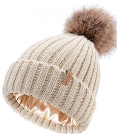 FURTALK Womens Winter Beanie Hat Satin Lined Faux Fur Pom Pom Beanies Hat for Women Winter Warm Knit Hats Beige