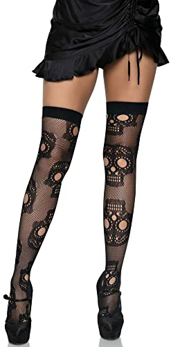 LEG AVENUE Women's Sugar Skull net Thigh Highs Costume Hosiery, Schwarz, One Size