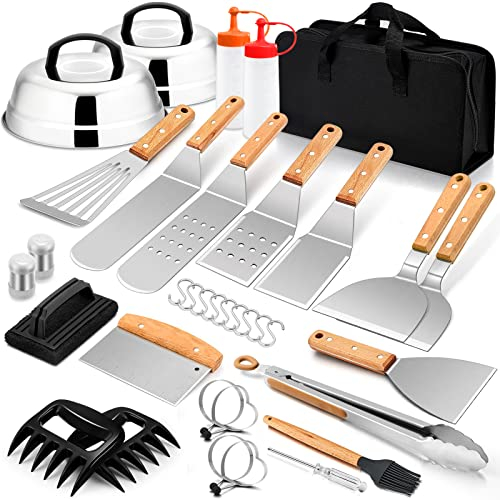 Joyfair Kit de 35 accessoires de gril en acier inoxydable pour barbecue extérieur avec dôme de fonte, spatule professionnelle robuste avec poignée en bois pour cuisine de camping Teppanyaki
