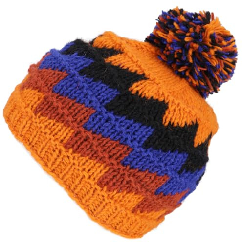 GURU SHOP Beanie Mütze, handgestrickt aus Schurwolle mit Fleecefutter | Warme Bommelmütze, Unisex, leicht dehnbar, super Passform, handwaschbar