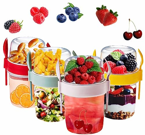VL Yogurt Pots Reusable Overnight Oats Container with Spoon & Fork BPA free Breakfast Pots to GO Muesli Cereal On the Go Dishwasher Safe Lunch Box Oatmeal Jars ((Red, Pink, Grey & Yellow), 800ml)