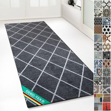 Floordirekt Teppichläufer mit Muster - maßgefertigter Feinschlingen Teppich Läufer für Küche, Flur & Wohnraum - Ornament Vintage Orient Gitter (80 x 250 cm, Cosenza Schwarz)