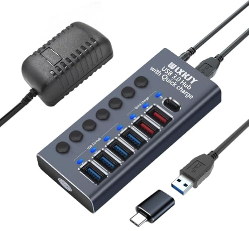 Premium Aluminium USB 3.0 Hub 7-in-1 mit 36W Netzteil (12V/3A), 4 Hochgeschwindigkeits-Datenports & 3 Schnellladeports（1 PD ）, Aktiver USB Verteiler für Laptop, MacBook, PC, Büro & Zuhause