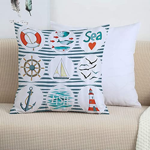 2er-Set Dekorativ Kissenbezug 45x45 cm,Nautische Set, Sea Set mit Fischen Rettungsring Möwen und,Polyester Kissenbezüge Dekokissen Kissenhülle Set Kissen Fall für Sofa Auto Schlafzimmer Zuhause Dekor