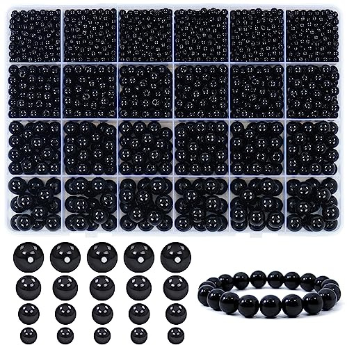 Dotilili 1890 Stück Schwarz Bastelperlen 4/6/8/10mm Runde Perlen mit Loch | Perlen zum Auffädeln Kunstperlen Set für Armbänder Halskette Schmuckherstellung Augen für Puppen DIY Machen Handwerk Dekor