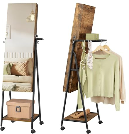 SONGMICS Schmuckschrank mit 6 LED-Leuchten, abschließbar, Schmuck-Organizer, mit Spiegel, 4 Rollen, Garderobe, Ablagen, vintagebraun-tintenschwarz JJC005X01