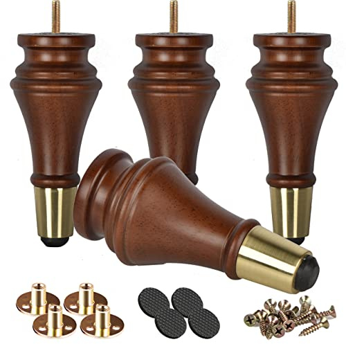 Btowin 7 inch Solid Wood Spool Furniture Legs with M8 Bolts, Walnut 4-Pack | Classic Design Gold Brass Base, Includes Mounting Plate & Screws for Easy DIY Installation on Sofas, Cabinets and Ottomans