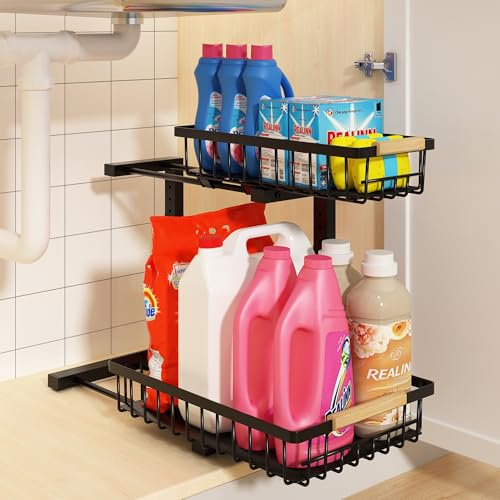 REALINN Under Sink Organizer, Height Adjustable Under Sink Organizers and Storage, 2 Tier Pull Out Drawer Cabinet Storage for Kitchen Bathroom, 1 Pack