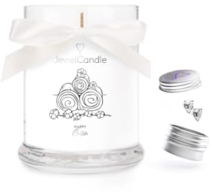 JuwelKerze Fluffy Cotton + Ohrringe Silber - Schmuckkerze 40 Std - Duftkerze im Glas mit frischem Duft - Kerze mit Schmuck - Geschenke für Frauen, Geburtstag