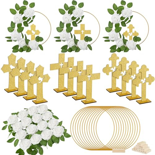 Wesiti 48 Pcs Baptism Centerpiece First Communion Table Decoration 12 Wood Cross 12 Floral Hoop with Stand 24 Foam Rose with Stem for Baptism Baby Shower Wedding(Gold and White,Stylish)