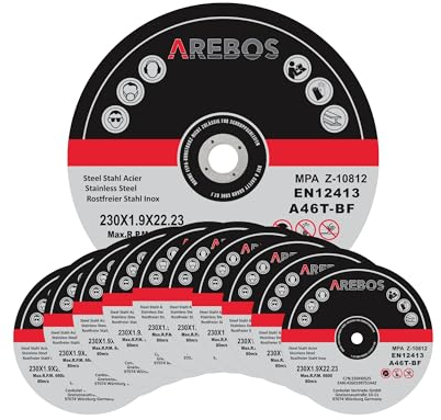 Arebos Trennscheiben 100 Stück | Ø 230mm x 2mm x 22,2mm | geeignet für Stahl, Edelstahl, Inox, Eisen, Blech, Metall | Vor- und Rücklauf | EN 12413 | Materialprüfungsamt (MPA) zertifiziert