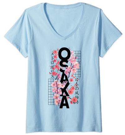 Mujer Cerezo en flor retro de los 80 de la ciudad de Osaka, Japón, Osaka Camiseta Cuello V