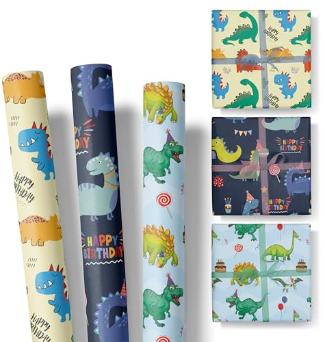 Kinder Dinosaurier Geschenkpapier – 3 Rollen im Set – Happy Birthday – 47 cm breit, 3 m lang