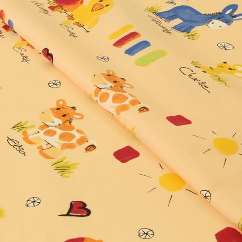 Baumwollstoff Meterware Kinder – Stoff Tiere Bunt auf Beige, 100% Baumwolle, weich & hautfreundlich, für Bettwäsche, Kissen & Deko