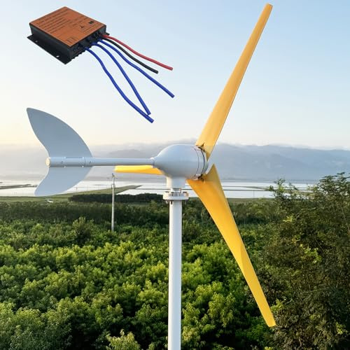 ZHOZHUT 800W / 1000W / 1200W Generador De Viento Horizontal 12V / 24V / 48V Turbina Eolica Alta Eficiencia con Controlador MPPT Y 3 Aspas Amarillas, Aerogeneradores Domésticos para Jardines,1000w,12V