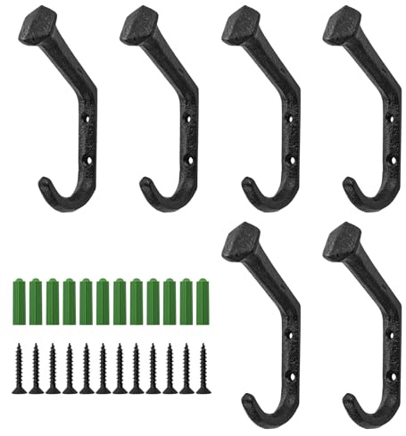MrMrKura Ganchos para abrigos y mochilas, ganchos de pared para colgar resistentes, ganchos negros de hierro fundido rústico para ropa, sombreros, llaves, toallas, bolsos (6)