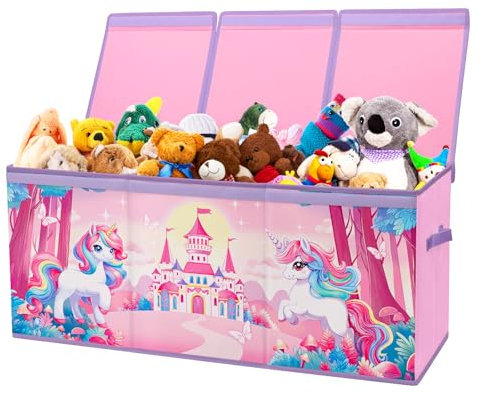 Scatola di Giocattoli Large con Coperchio Ribalta per Bambini, Contenitore Porta Giochi Pieghevole Oxford, Baule Portagiochi Impermeabile Robusto per Ragazze Ragazzi, 96×32×40cm (Unicorno Fantasia)
