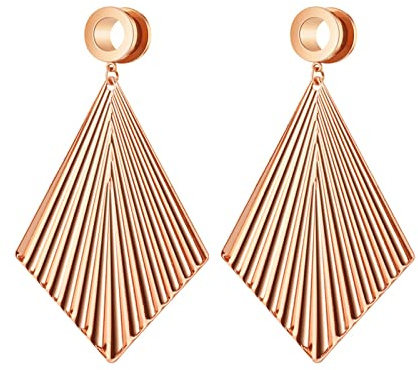 Grewod Tunnel Damen Elegant, Edelstahl Rosegold mit Raute Hängend Ohr Tunnel Flesh Tunnel Ohr Plug Ohr Expander Piercing Schmuck 16MM, 1 Paar