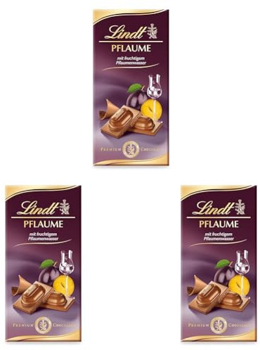 Lindt Schokolade Pflaume | 100 g Tafel | Vollmilch-Schokolade mit fruchtigem Zwetschgenwasser | Schokoladentafel | Schokoladengeschenk (Packung mit 3)