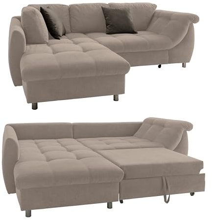 Ecksofa mit ausziehbarer Schlaffunktion B250/T190/H84 cm, Wellenunterfederung und Komfortschaum, Longchair Ottomane links, Bezug Mikrofaser in Hell-Braun, 2 Zierkissen Grau-Braun / 17012