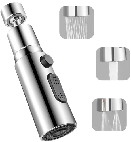 3 Function Kitchen Tap Spray Head, 360° Swivel Faucet Extender with 3 Modes, Durable Stainless Steel and ABS Design, Easy-to-Install Replacement Nozzle for Kitchen Sink