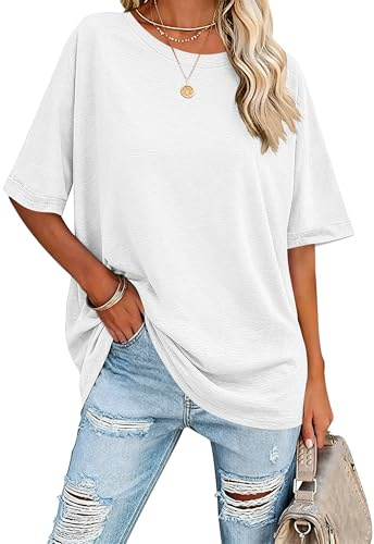 VEUNCOS Damen Basic Shirt Kurzarm Rundhals Sommer Casual Oversized Shirt für Leggings Weiß M