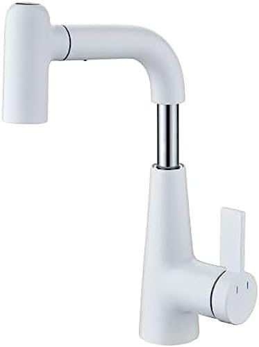 Miscelatore lavabo con doccetta Estraibile, rubinetti per lavabo Bagno Rubinetto lavabo in Ottone Miscelatore lavabo Bagno Girevole Estraibile Acqua Calda e Fredda-Cromo,Bianca