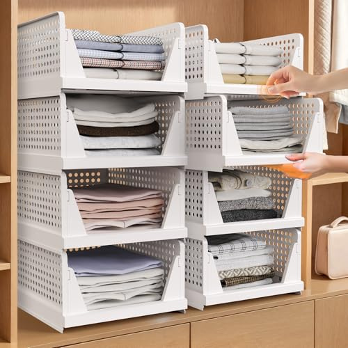 Tuocal 8 Pack Wardrobe Storage Organisers, Folding Closet Organisers Plastic Storage Drawer, Stackable Storage Boxes Space-Saving Clothes Storage Organiser Basket for Bedroom Kitchen Bathroom White