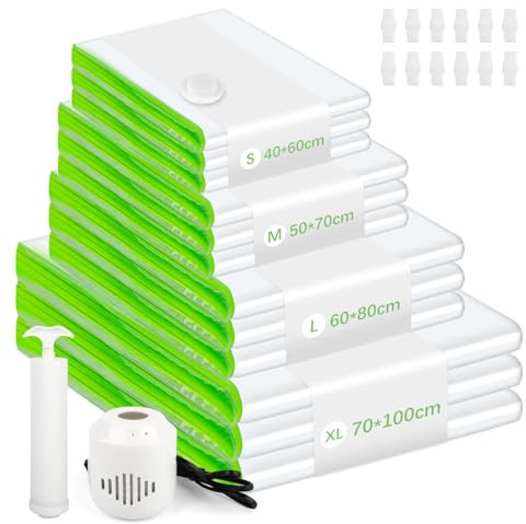 12 Stück Vakuumbeutel für Kleidung Reise, Vakuumbeutel für Bettdecken mit Elektrische und Handpumpe(3 Jumbo/3 groß/3 mittel/3 klein), Vakuumierbeutel Kleidung, Vacuum Bags for Clothing