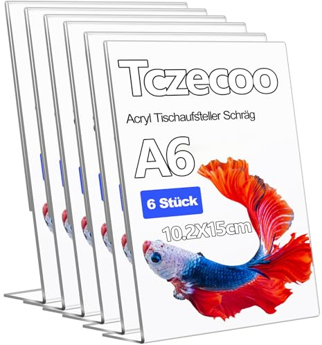Tczecoo 6 Stück Acryl Tischaufsteller Schräg, A6 Tischaufsteller Ständer | 11 x 15 Cm Transparenter Aufsteller L Form Ständer, Menükartenhalter, Flyer Display für Empfang Büro Geschäft Restaurant Hote